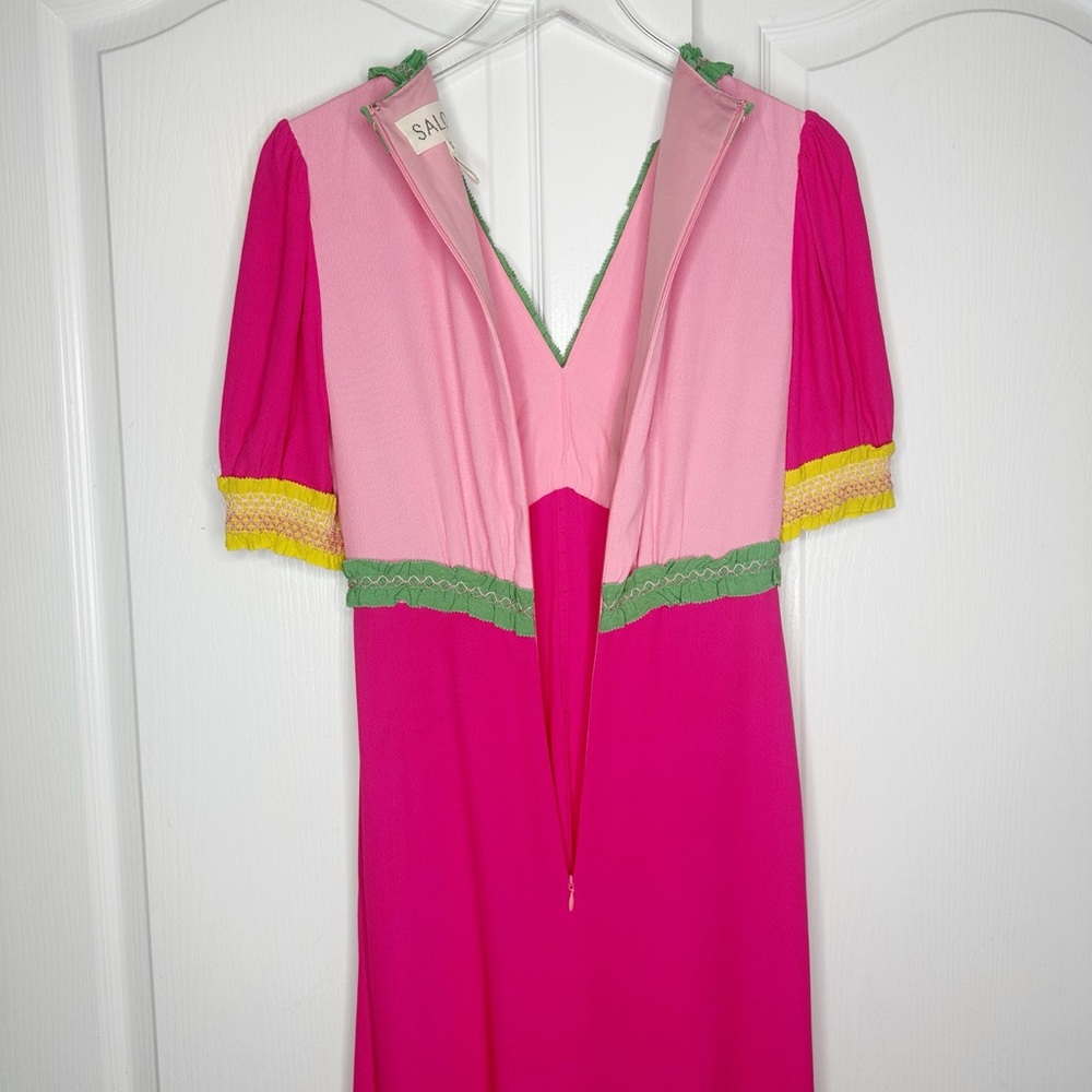 Saloni Lea Colorblock Crepe Maxi Dress Pink Green Size 4 US - Picture 6 of 13